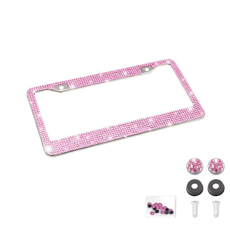 Bling Car License Plate Frame Handcrafted Crystal Stainless Steel Sparkly Durable Universal Fit Car Accessories for Girls Women Pink