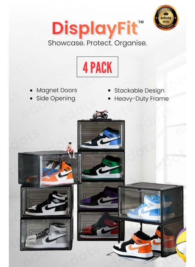 Edots DisplayFit Magnetic Side-Opening Shoe Box Organizer – Clear Stackable Sneaker Storage with Magnetic Door, Thickened PP Build, Dust-Proof & Foldable Design - Image 1