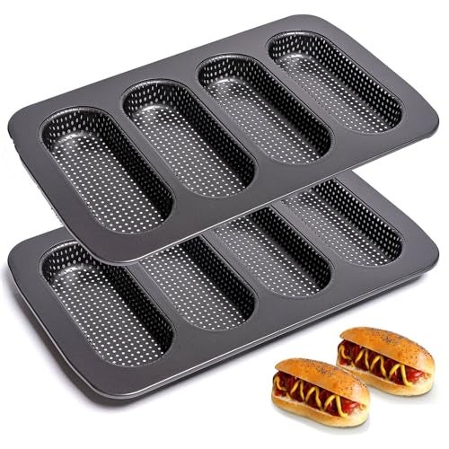 Yomvzake Hot Dot Bun Pan Set of 2, Perforated Carbon Steel Non-Stick Hotdog Bun Mold Bread Forms Crispy Mini Baguette Sandwich Baking Tray for Hot Dog Bun Rolls - Image 1
