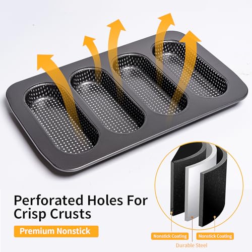 Yomvzake Hot Dot Bun Pan Set of 2, Perforated Carbon Steel Non-Stick Hotdog Bun Mold Bread Forms Crispy Mini Baguette Sandwich Baking Tray for Hot Dog Bun Rolls - Image 3