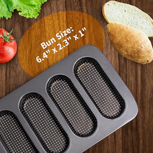 Yomvzake Hot Dot Bun Pan Set of 2, Perforated Carbon Steel Non-Stick Hotdog Bun Mold Bread Forms Crispy Mini Baguette Sandwich Baking Tray for Hot Dog Bun Rolls - Image 2
