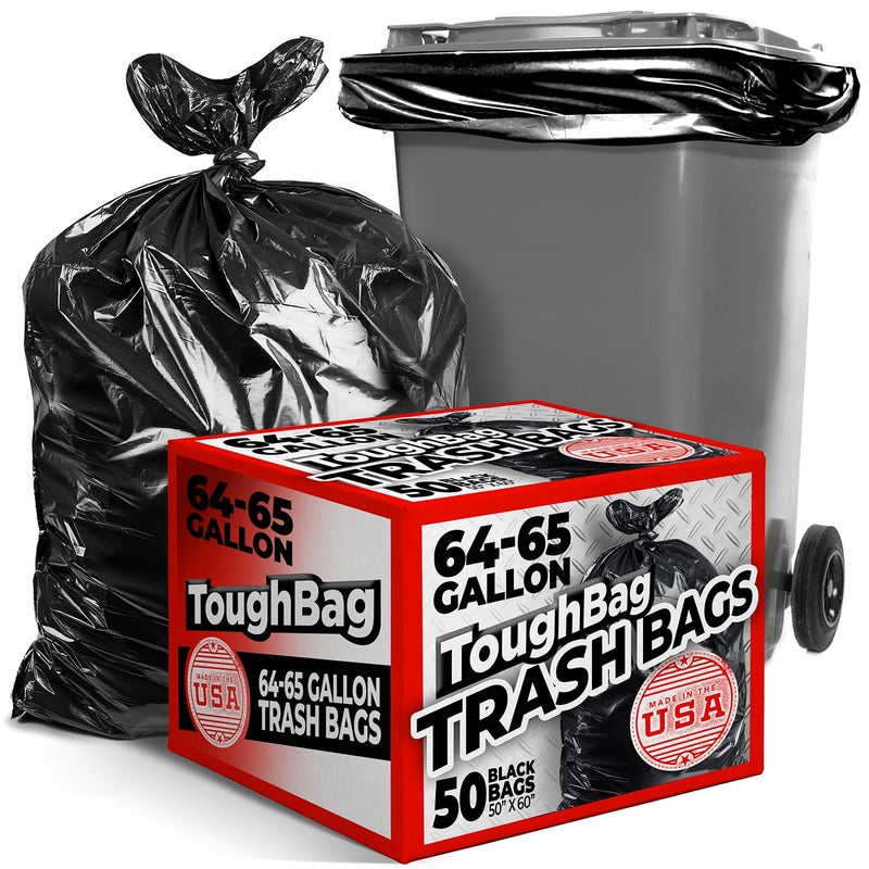 ToughBag 6465 Gallon Trash Bags 50x60 Large Black Can Liners 50 Count Made in USA