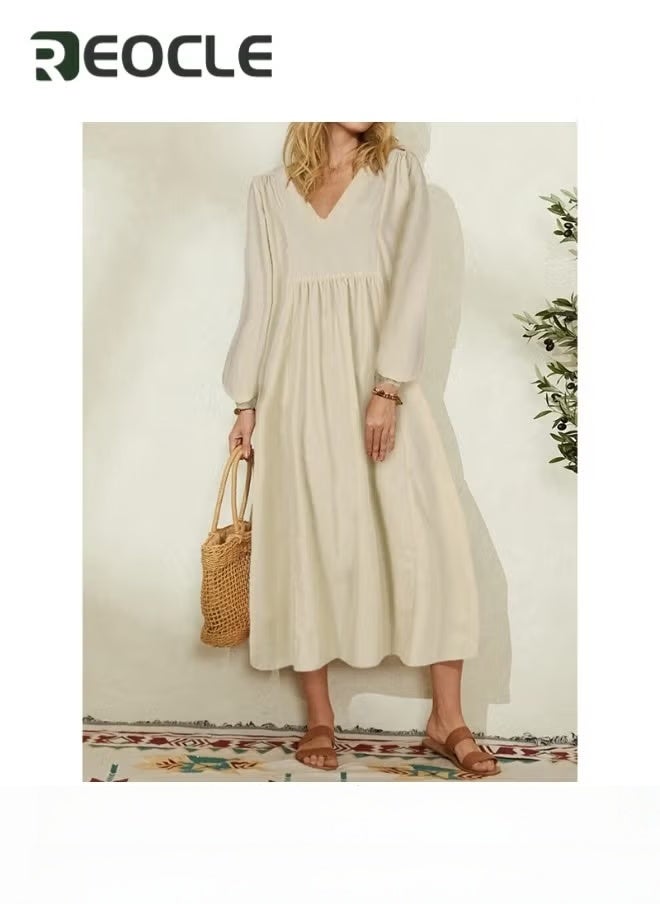 REOCLE Women's Maxi Dress Solid Plus Size Loose Cotton Linen Long Dresses V Neck Shift Tunic Smock Summer Dresses Vacation Dress - Image 2