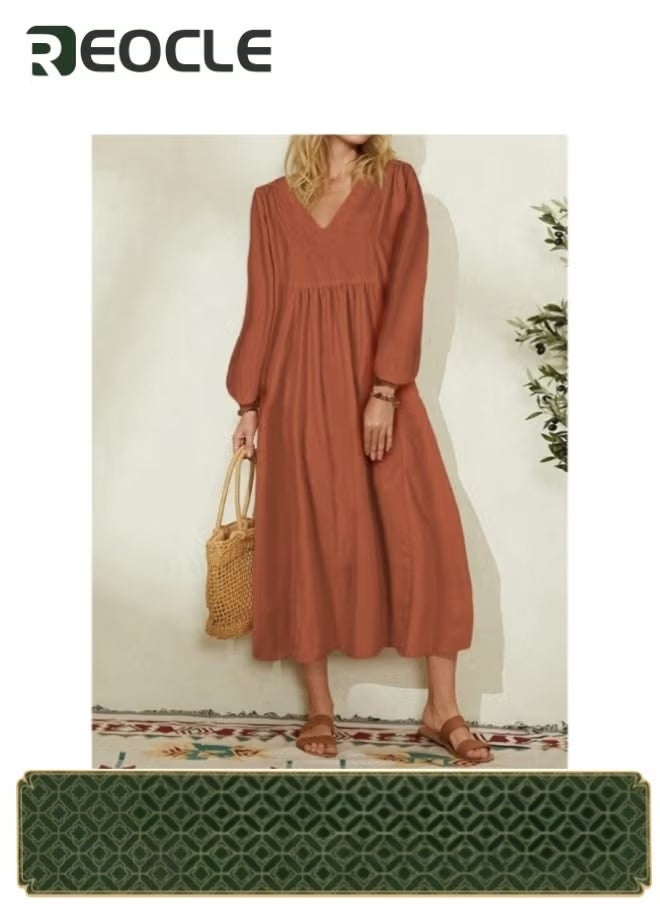 REOCLE Women's Maxi Dress Solid Plus Size Loose Cotton Linen Long Dresses V Neck Shift Tunic Smock Summer Dresses Vacation Dress - Image 1