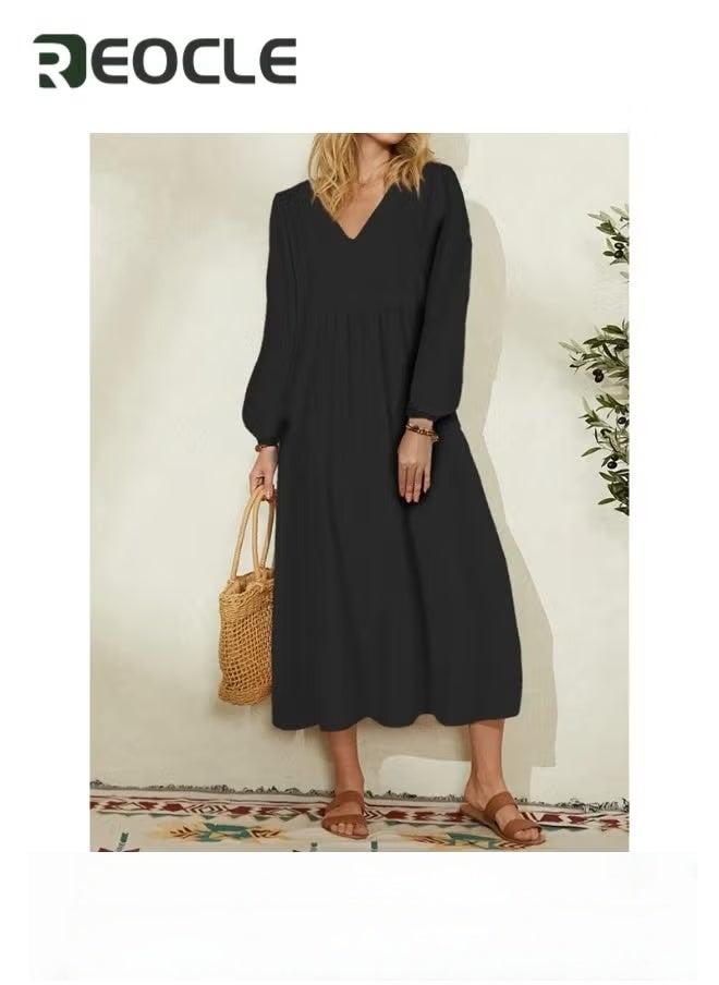 REOCLE Women's Maxi Dress Solid Plus Size Loose Cotton Linen Long Dresses V Neck Shift Tunic Smock Summer Dresses Vacation Dress - Image 3