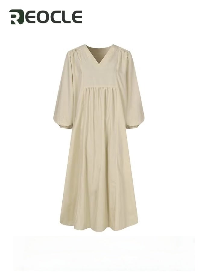 REOCLE Women's Maxi Dress Solid Plus Size Loose Cotton Linen Long Dresses V Neck Shift Tunic Smock Summer Dresses Vacation Dress - Image 4