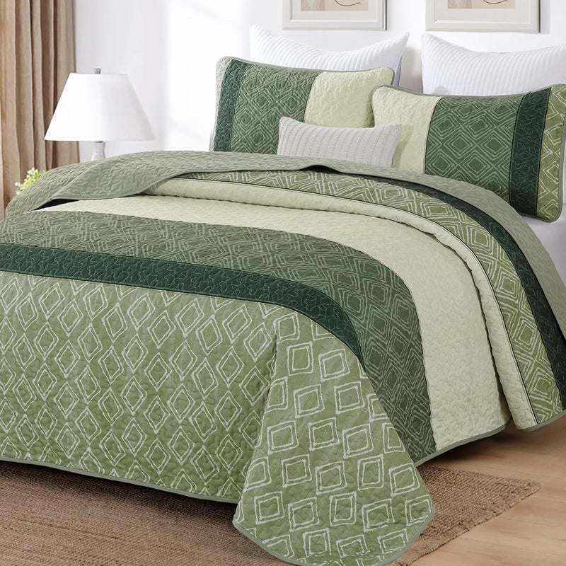 Cottolester Green Full Quilt Set,Striped Plaid Bedspread Coverlet Set,Khaki Boho Summer Bedding Set Soft Microfiber Bedding Set with 2 Pillow Shams 78"x90" - Image 1