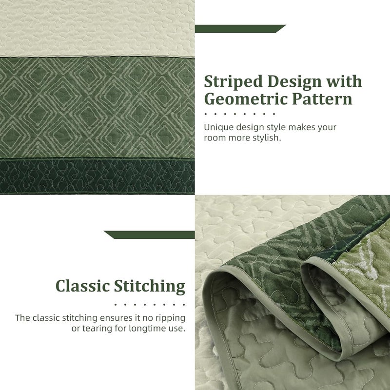 Cottolester Green Full Quilt Set,Striped Plaid Bedspread Coverlet Set,Khaki Boho Summer Bedding Set Soft Microfiber Bedding Set with 2 Pillow Shams 78"x90" - Image 4