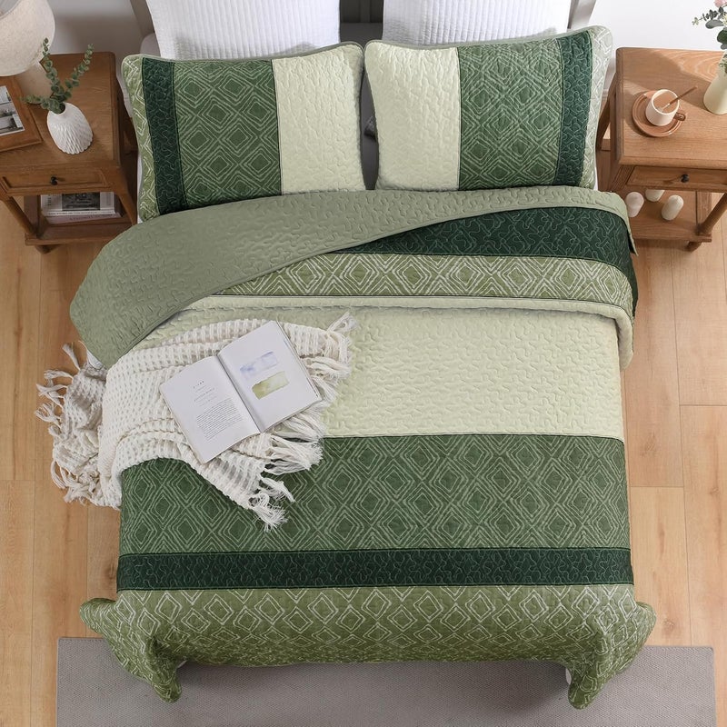 Cottolester Green Full Quilt Set,Striped Plaid Bedspread Coverlet Set,Khaki Boho Summer Bedding Set Soft Microfiber Bedding Set with 2 Pillow Shams 78"x90" - Image 5
