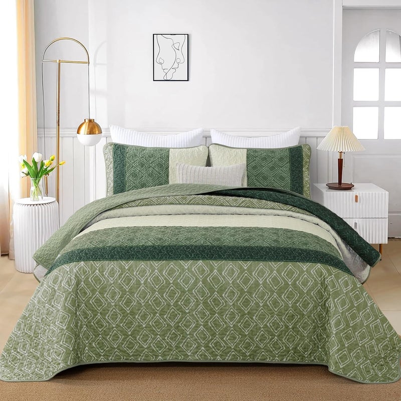 Cottolester Green Full Quilt Set,Striped Plaid Bedspread Coverlet Set,Khaki Boho Summer Bedding Set Soft Microfiber Bedding Set with 2 Pillow Shams 78"x90" - Image 2