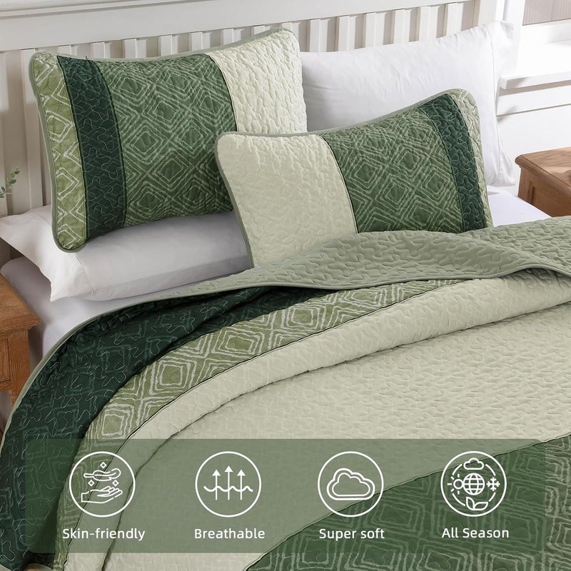 Cottolester Green Full Quilt Set,Striped Plaid Bedspread Coverlet Set,Khaki Boho Summer Bedding Set Soft Microfiber Bedding Set with 2 Pillow Shams 78"x90" - Image 3