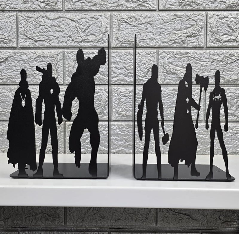 HeavenlyKraft Superhero Metal Bookends 8 inch Height 11 inch Width 4 inch Depth Black Powder Coated 3 lbs Decorative Bookends for Shelves - Image 1