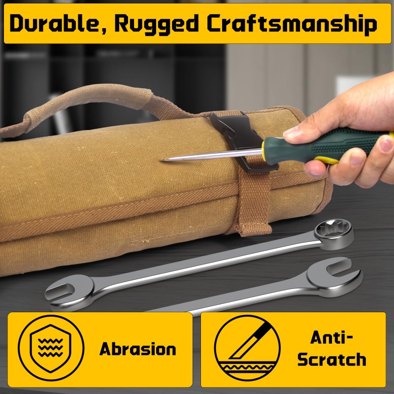 lelezone Wrench Roll 32 Pockets, Heavy-Duty 16 oz. Waxed Canvas Wrench Roll Up Bag Holds Wrench Wrap for Metric and SAE Wrenches, Wrench Pouch with Buckles and Handle, Sturdy Wrench Tool roll (Khaki) - Image 3