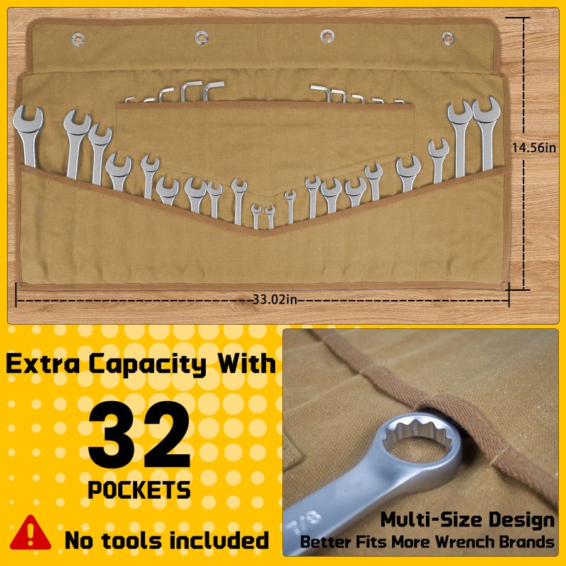lelezone Wrench Roll 32 Pockets, Heavy-Duty 16 oz. Waxed Canvas Wrench Roll Up Bag Holds Wrench Wrap for Metric and SAE Wrenches, Wrench Pouch with Buckles and Handle, Sturdy Wrench Tool roll (Khaki) - Image 2