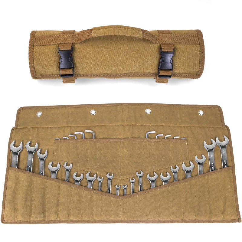 lelezone Wrench Roll 32 Pockets, Heavy-Duty 16 oz. Waxed Canvas Wrench Roll Up Bag Holds Wrench Wrap for Metric and SAE Wrenches, Wrench Pouch with Buckles and Handle, Sturdy Wrench Tool roll (Khaki) - Image 1