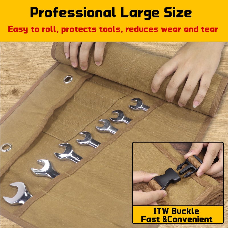 lelezone Wrench Roll 32 Pockets, Heavy-Duty 16 oz. Waxed Canvas Wrench Roll Up Bag Holds Wrench Wrap for Metric and SAE Wrenches, Wrench Pouch with Buckles and Handle, Sturdy Wrench Tool roll (Khaki) - Image 5