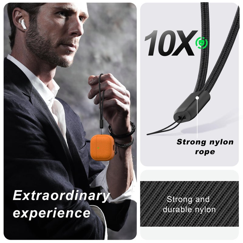 R-fun for Airpods 4 Case, Soft TPU (Leather-Like Design) Drop Protection Cover for Men and Women with Lanyard and Cleaner Kit, Compatible with Apple Latest Airpods 4th Gen(USB-C)(2024)-Orange - Image 2