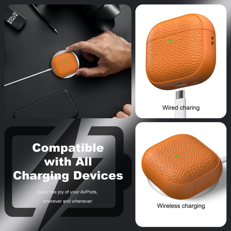 R-fun for Airpods 4 Case, Soft TPU (Leather-Like Design) Drop Protection Cover for Men and Women with Lanyard and Cleaner Kit, Compatible with Apple Latest Airpods 4th Gen(USB-C)(2024)-Orange - Image 4