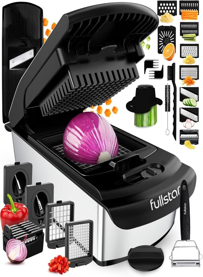 فل ستار قطاعة فولستار الأصلية الاحترافية - قطاعة خضراوات وقطاعة حلزونية، قطاعة طعام مع وعاء، قطاعة فواكه، أدوات مطبخ وهدايا، مستلزمات منزلية أساسية (14 في 1، فضي) - Image 1