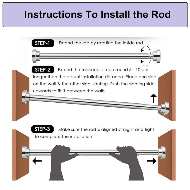 Swaze Drill-Free Adjustable Curtain Rod – Extendable rod for Curtains, Shower, Windows & Clothes Hanging | No Drill Shower Rod | Self Adjust Curtain Pipe, Steel Telescopic Stand (1050mm-1950mm SS) - Image 5