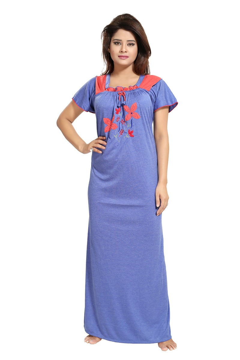 Noty Store Noty Women's Cotton Floral Maxi Nighty (Free Size, Blue & Red) - Image 1