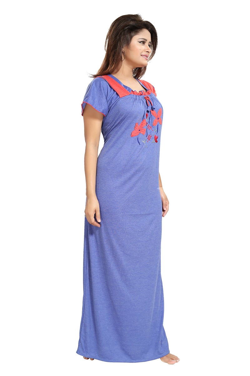 Noty Store Noty Women's Cotton Floral Maxi Nighty (Free Size, Blue & Red) - Image 2