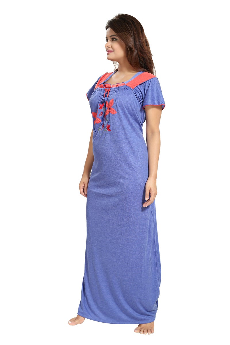 Noty Store Noty Women's Cotton Floral Maxi Nighty (Free Size, Blue & Red) - Image 3