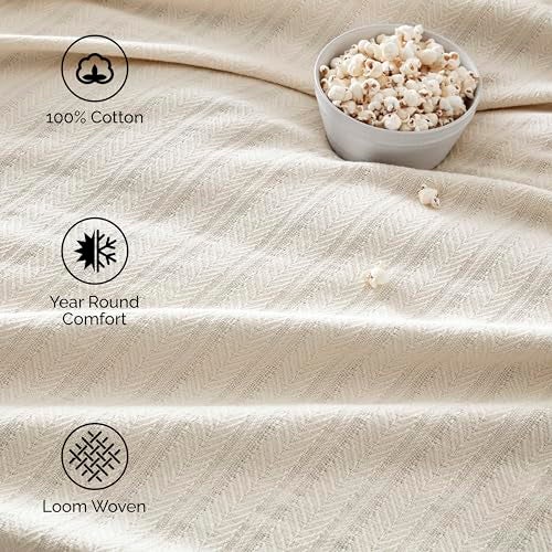 Vellux 1B07215 Cotton 360 GSM Premium Breathable Cozy Lightweight Soft Chevron Weave Herringbone Blanket Machine Washable Bed Sofa All Seasons Layering Blankets, Twin, Ivory - Image 3
