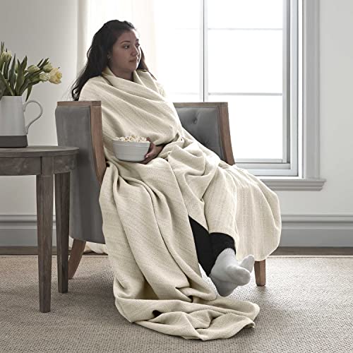 Vellux 1B07215 Cotton 360 GSM Premium Breathable Cozy Lightweight Soft Chevron Weave Herringbone Blanket Machine Washable Bed Sofa All Seasons Layering Blankets, Twin, Ivory - Image 4