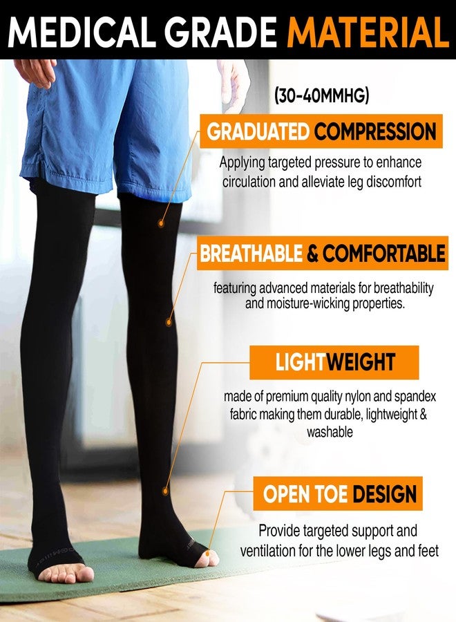 Doc Miller Thigh High Open Toe Compression Hose 30-40 mmHg Opaque Stockings - black - XL - Image 4