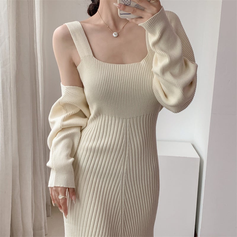 2023 Summer Ice Silk Long Dress Spice Girls Solid Color Sling Dress Womens Slim-fit Knitted Long Hip Sling Long Dress Apricot Coat