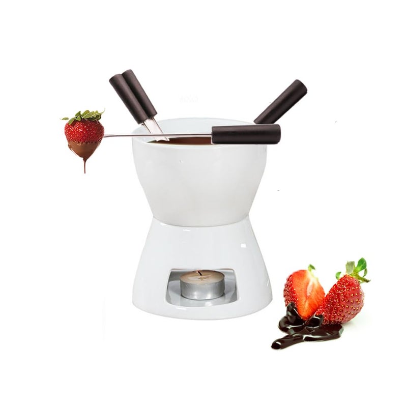 CORJEEJOR Fondue Pot Set with 4 Forks Ceramic Butter Warmer Set Premium Tea Light Porcelain Melting Pot for Chocolate Cheese Caramel - Image 1