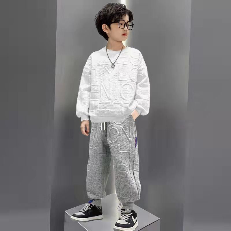 Boys Hoodie and Pants Set Spring Autumn 2021 White top + gray pants 