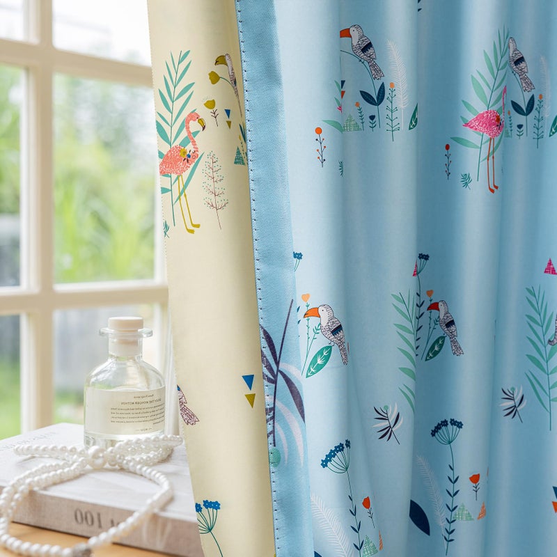 SUOUO Double Sided Patterned Bird Blackout Curtains for Living Room Blue Wildflower Boho Room Darkening Window Drapes for Bedroom 96 inches Long 2 Panels Flamingo