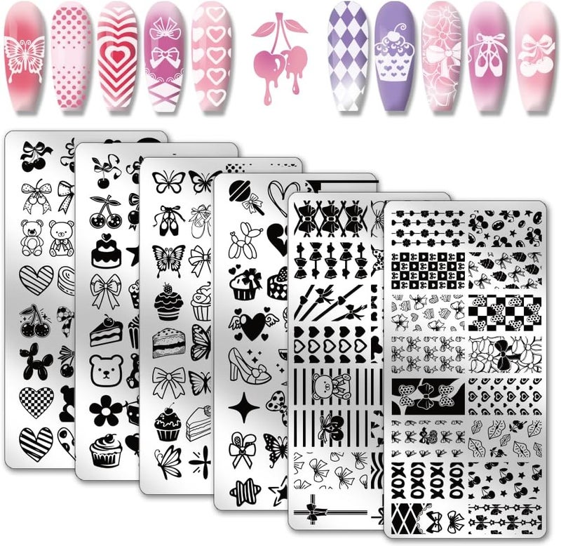PH PandaHall 6pcs Bows Hearts Nail Stamping Plates Cute Bears Nails Art Stencils Cakes Nail Art Templates Butterfly Print Nails Stencils Cherry Nail Image Plates for Women Manicure Salon 12x6cm