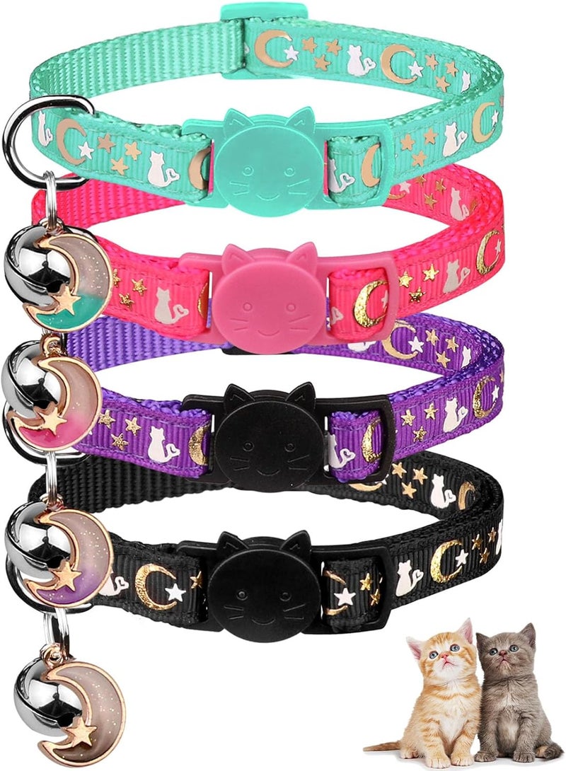 Baeuppit 4PCS Cat Collar with Bells,Breakaway Cat Collars,Kitten Collar with Bell Moons Stars Cute Kitty Safe Kitten Collars with Pendant,Cat Collars for Girl Cats 6.9-10.7 Inch(Black&Purple&Pink&Teal) - Image 1