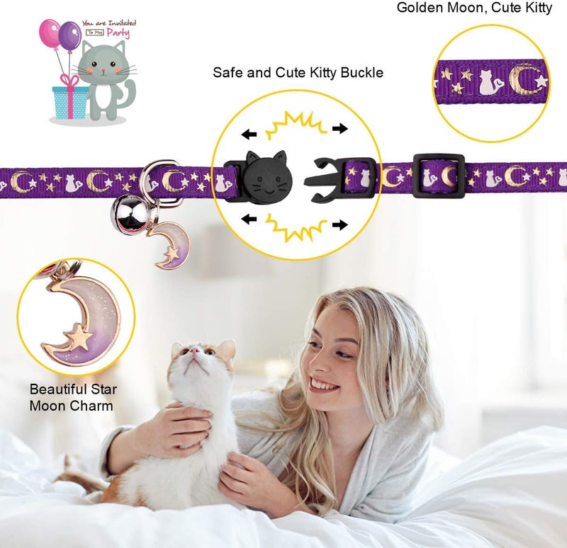 Baeuppit 4PCS Cat Collar with Bells,Breakaway Cat Collars,Kitten Collar with Bell Moons Stars Cute Kitty Safe Kitten Collars with Pendant,Cat Collars for Girl Cats 6.9-10.7 Inch(Black&Purple&Pink&Teal) - Image 3