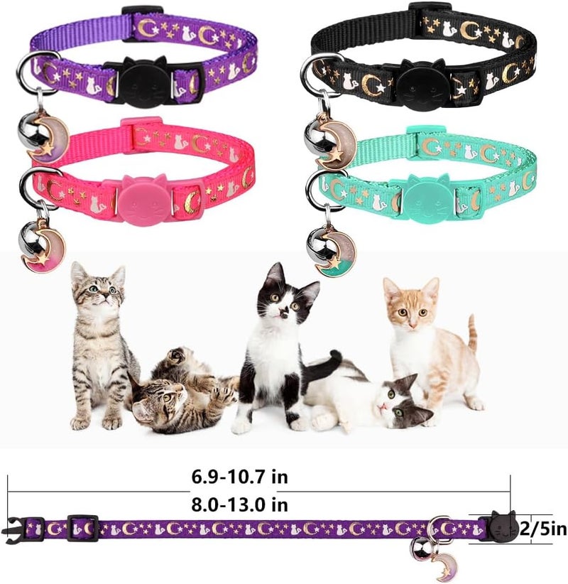 Baeuppit 4PCS Cat Collar with Bells,Breakaway Cat Collars,Kitten Collar with Bell Moons Stars Cute Kitty Safe Kitten Collars with Pendant,Cat Collars for Girl Cats 6.9-10.7 Inch(Black&Purple&Pink&Teal) - Image 5