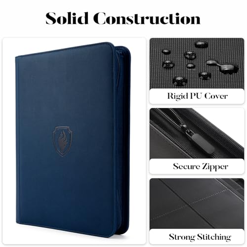 Fabmaker 360 9 Pocket Zipper Binder - Premium PU Cover Zip Binder for Trading Cards, MTG, TCG, Sports Cards, Navy Blue - Image 2