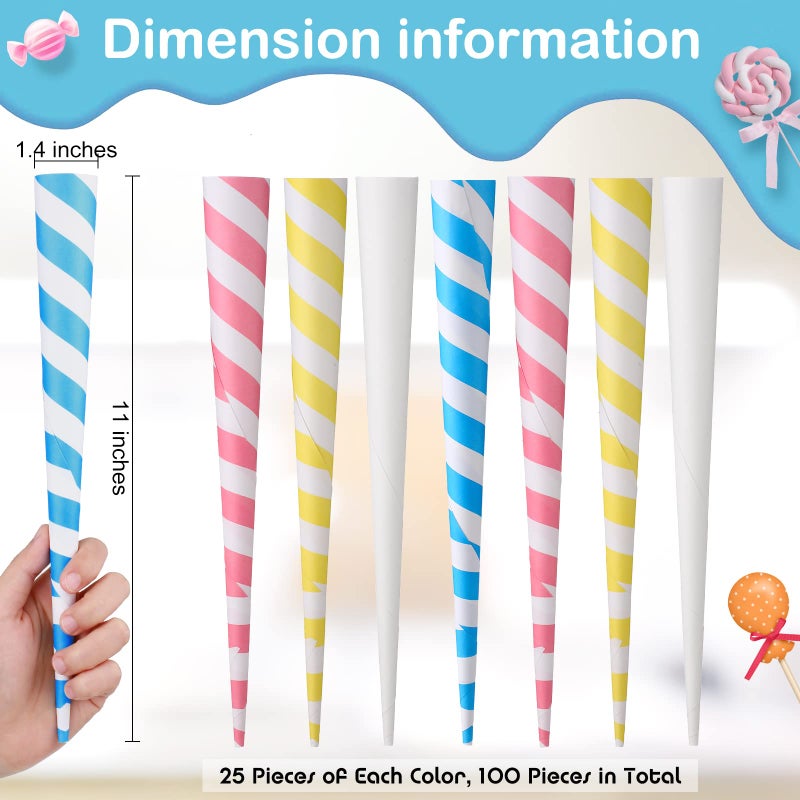 Marspark Cotton Candy Cones Striped White Cotton Candy Sticks Paper Cotton Candy Floss Sugar Cane Sticks Colorful Cotton Candy Cones for Cotton Candy Making Accessories Party Supplies (100) - Image 2