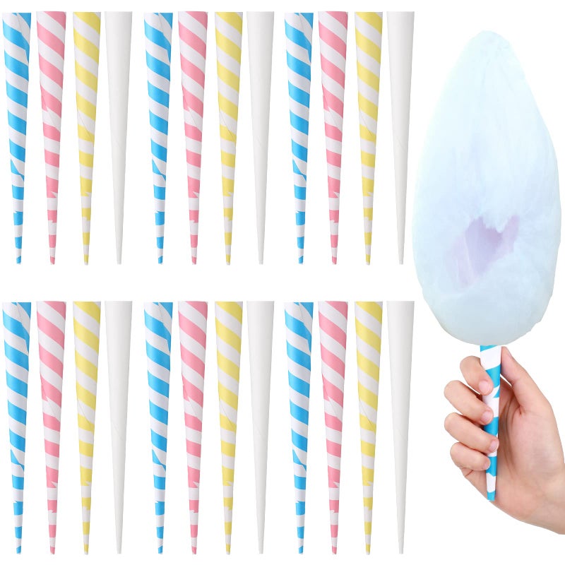 Marspark Cotton Candy Cones Striped White Cotton Candy Sticks Paper Cotton Candy Floss Sugar Cane Sticks Colorful Cotton Candy Cones for Cotton Candy Making Accessories Party Supplies (100) - Image 1