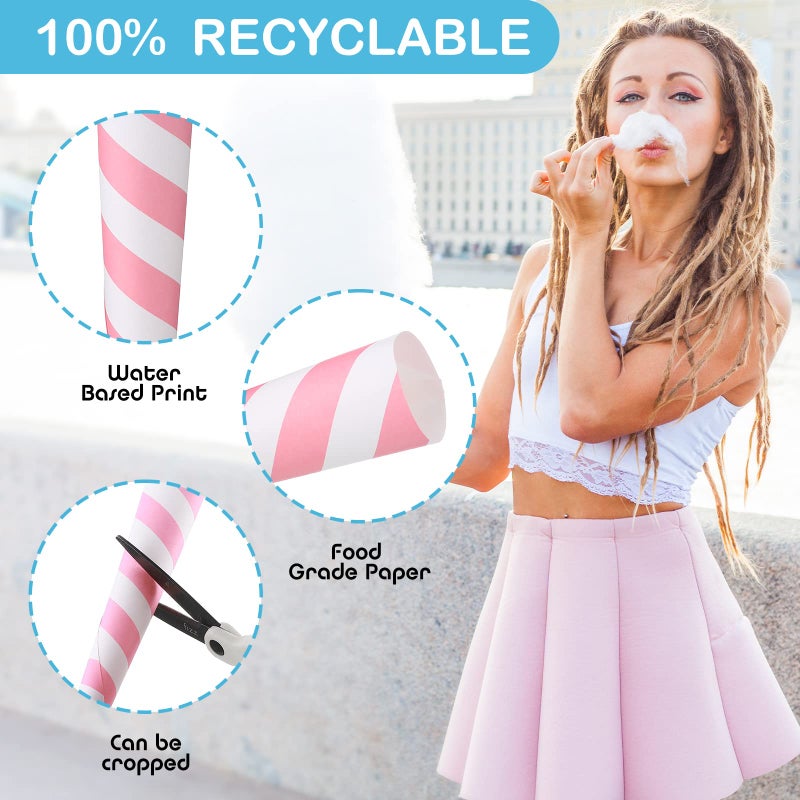 Marspark Cotton Candy Cones Striped White Cotton Candy Sticks Paper Cotton Candy Floss Sugar Cane Sticks Colorful Cotton Candy Cones for Cotton Candy Making Accessories Party Supplies (100) - Image 3