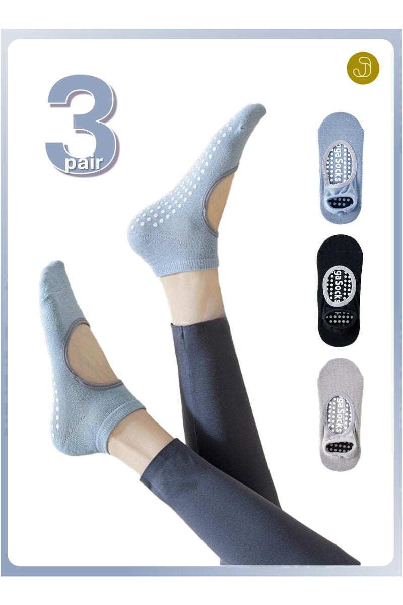 JOYYE 3-Pair Non-slip Yoga Socks, Cotton Pilates Socks, Breathable&Moisture-wicking&Machine-washable, Ideal for Yoga/Pilates/Ballet/Dance/Workout (Blue+Black+Grey) - Image 1