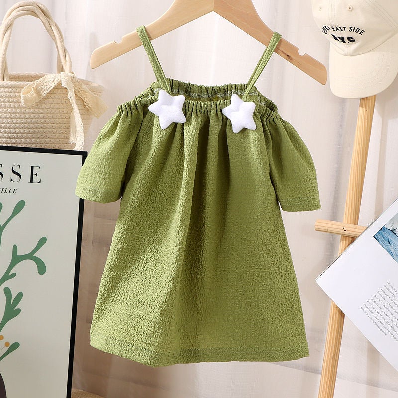 Girls' Short-Sleeved T-Shirt Summer Baby Girls' Off-Shoulder Strap Fashionable Western Style Top For Infants And Children - Image 2
