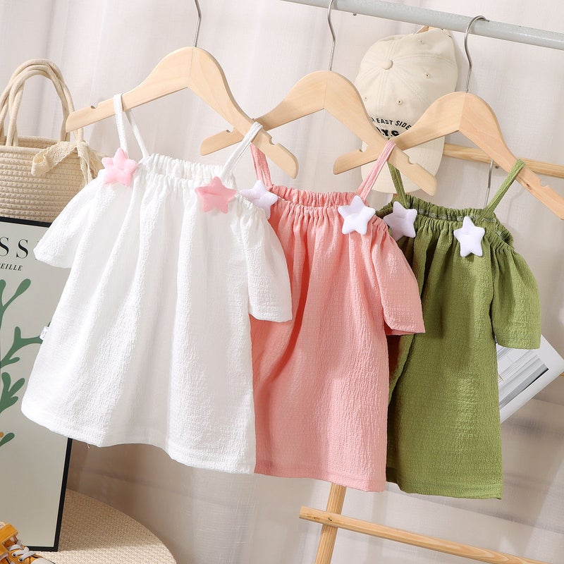 Girls' Short-Sleeved T-Shirt Summer Baby Girls' Off-Shoulder Strap Fashionable Western Style Top For Infants And Children - Image 1