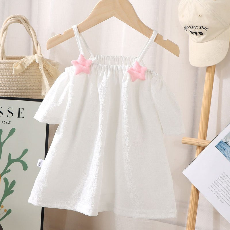 Girls' Short-Sleeved T-Shirt Summer Baby Girls' Off-Shoulder Strap Fashionable Western Style Top For Infants And Children - Image 4