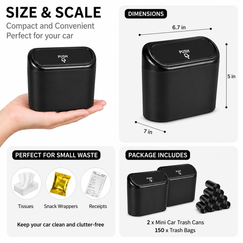 EnthuLove 2 Packs mini Car Trash Can Bin with Lid and 150pcs trash bags,Leakproof Car Vehicle Trash Can Bin,Car Garbage Trash Can Storage for Front Back Seat Accessories for Office Bedroom Home(Black) - Image 2