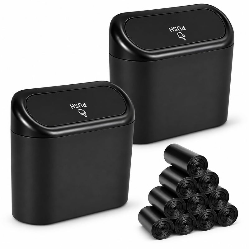 EnthuLove 2 Packs mini Car Trash Can Bin with Lid and 150pcs trash bags,Leakproof Car Vehicle Trash Can Bin,Car Garbage Trash Can Storage for Front Back Seat Accessories for Office Bedroom Home(Black) - Image 1