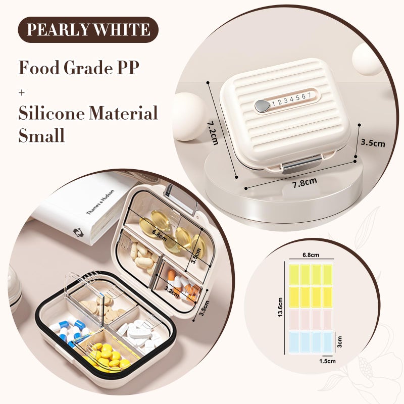 Goffing Travel Pill Organizer Box with Labels, 7 Compartments Portable Mini Pill Case, Daily Medication Organizer Storage Pill Container for Pocket Pharmacy(Pearly White, S) - Image 2