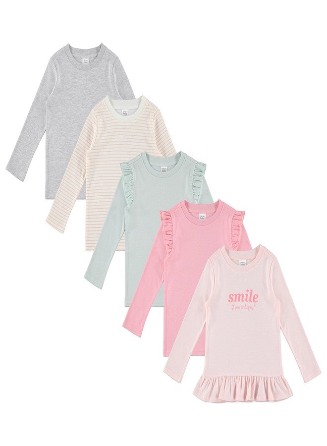 Cudlie 5-Pack Toddler Girl Long Sleeve Shirt - Basic Baby Tees, Blouses, Tops - Solid Striped & Ruffled Tshirts, 4T - Image 1
